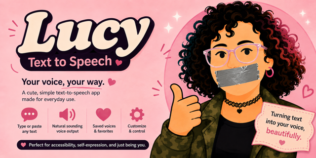 Lucy Text to Speech app banner with playful pink branding