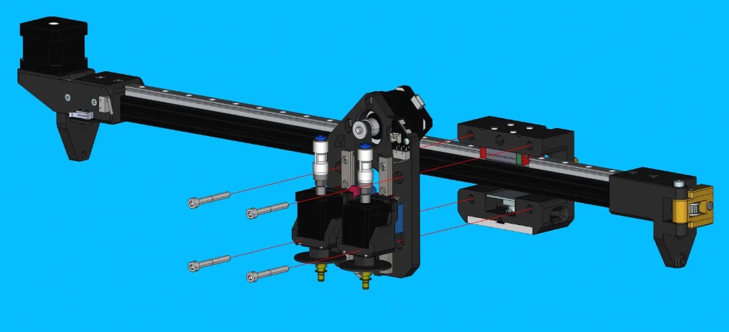 OHAI exploded-view assembly illustration for a LumenPnP linear axis, showing screw placement guides